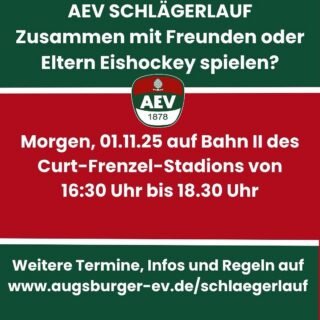 Eintritt für Erwachsene 4 €, Kinder von 8 – 15 Jahre 2 € und aktive Spieler des AEV haben freien Eintritt.

Damit es allen richtig Spass macht, müssen ein paar Regeln beachtet werden:
- Das Betreten des Eises ist nur mit Schlittschuhen, Handschuhen und Helm (Vollgesichtsschutz) zulässig
- keine Schlagschüsse, keine hohen Schüsse
- Schlägerlauf ist kein Mannschaftstraining
- Mindestalter: 8 Jahre
- für jegliche Verletzungen übernimmt der Augsburger EV als Veranstalter keine Haftung

#aevschlaegerlauf #NurDerAEV #gemeinschaft #teamsport #sportinaugsburg #eishockeyspielen #aev #aevpanther #cfsaugsburg #cfsbahnii #augsburg #tagestipp #action #trendingtoday
