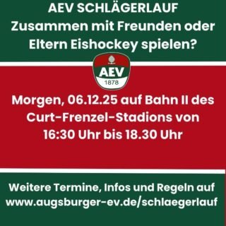 Eintritt für Erwachsene 4 €, Kinder von 8 – 15 Jahre 2 € und aktive Spieler des AEV haben freien Eintritt.

Damit es allen richtig Spass macht, müssen ein paar Regeln beachtet werden:
- Das Betreten des Eises ist nur mit Schlittschuhen, Handschuhen und Helm (Vollgesichtsschutz) zulässig
- keine Schlagschüsse, keine hohen Schüsse
- Schlägerlauf ist kein Mannschaftstraining
- Mindestalter: 8 Jahre
- für jegliche Verletzungen übernimmt der Augsburger EV als Veranstalter keine Haftung

#aevschlaegerlauf #NurDerAEV #gemeinschaft #teamsport #sportinaugsburg #eishockeyspielen #aev #aevpanther #cfsaugsburg #cfsbahnii #augsburg #tagestipp #action #trendingtoday