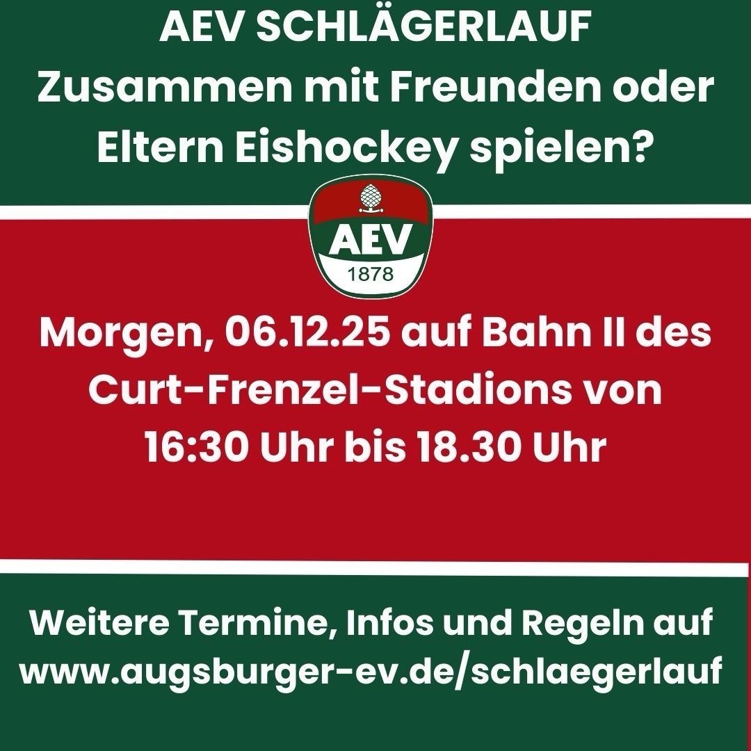 Eintritt für Erwachsene 4 €, Kinder von 8 – 15 Jahre 2 € und aktive Spieler des AEV haben freien Eintritt.

Damit es allen richtig Spass macht, müssen ein paar Regeln beachtet werden:
- Das Betreten des Eises ist nur mit Schlittschuhen, Handschuhen und Helm (Vollgesichtsschutz) zulässig
- keine Schlagschüsse, keine hohen Schüsse
- Schlägerlauf ist kein Mannschaftstraining
- Mindestalter: 8 Jahre
- für jegliche Verletzungen übernimmt der Augsburger EV als Veranstalter keine Haftung

#aevschlaegerlauf #NurDerAEV #gemeinschaft #teamsport #sportinaugsburg #eishockeyspielen #aev #aevpanther #cfsaugsburg #cfsbahnii #augsburg #tagestipp #action #trendingtoday
