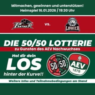 #AEV5050Lotterie beim heutigen Heimspiel unserer @aevpanther gegen die Löwen Frankfurt.

Holt euch euer Los hinter der FAN-Kurve oder bei unseren mobilen Lotterieteams im #CFS !

Der #aevnachwuchs drückt allen Loskäufern die Daumen. 

#ZukunftsEishockey #augsburg