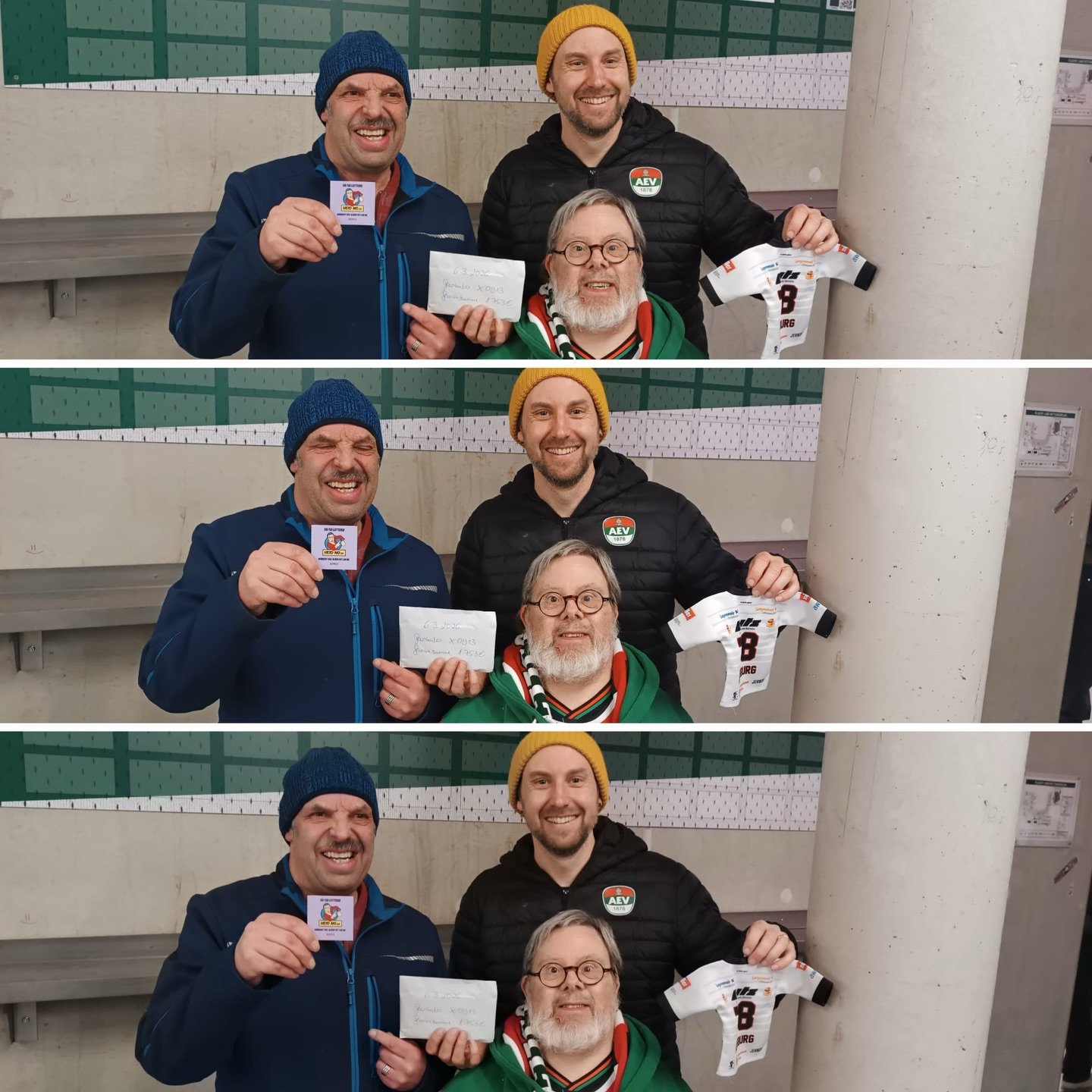 #AEV5050Lotterie - Richtig abgesahnt!
1753 €uronen räumte Edmund bei seinem ersten AEV Ausflug mit dem Wohnheim Lebenshilfe ab.
Wir gratulieren ganz herzlich zum Gewinn. 🔴🟢⚪️
Danke an alle Loskäufer, die damit unseren #aevnachwuchs unterstützen. 🔥💯
#ZukunftEishockey #aevpanther