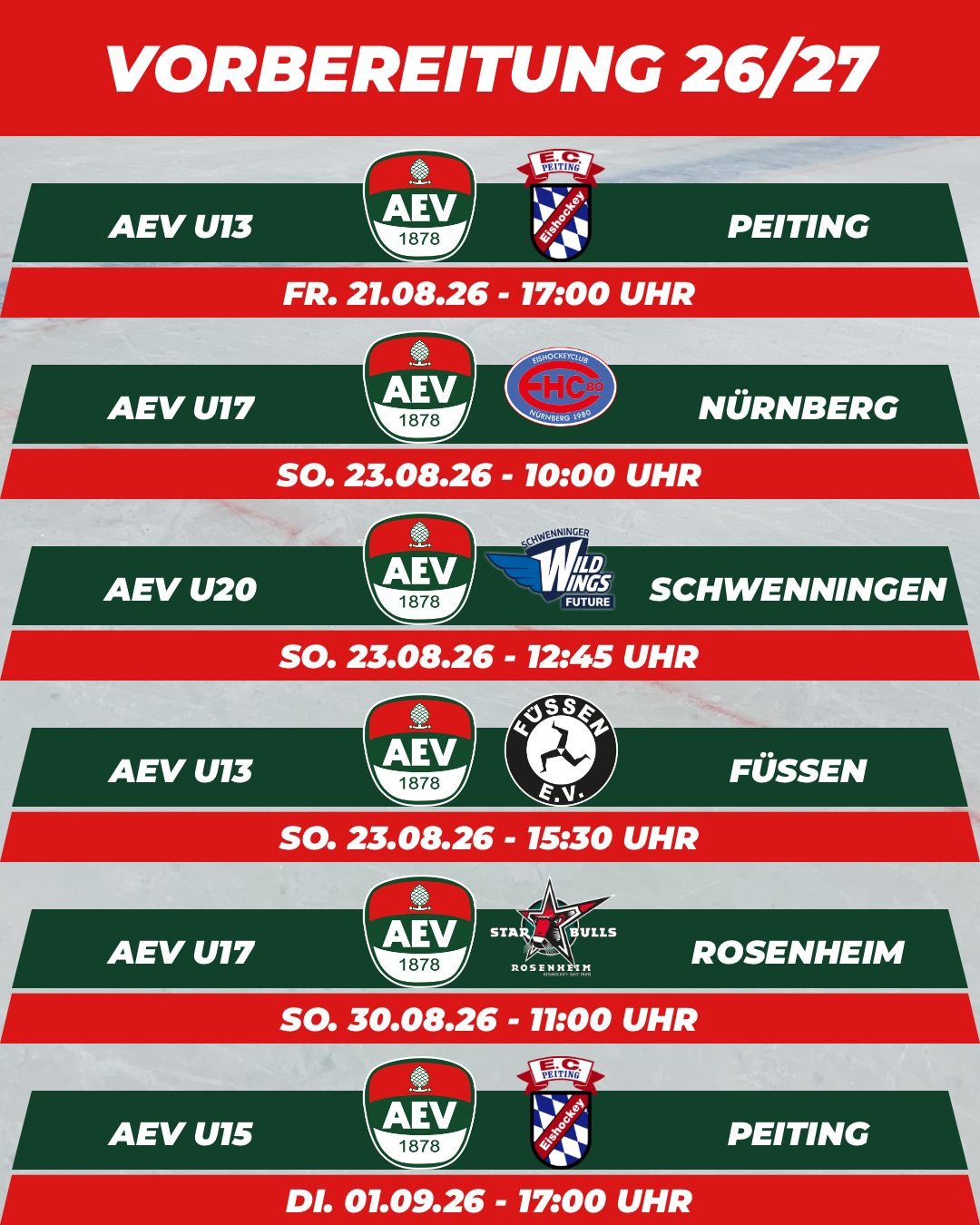 Die kommenden Vorbereitungsspiele des AEV im Curt-Frenzel-Stadion. #NurDerAEV #ZukunftEishockey
