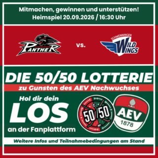 #AEV5050Lotterie beim ersten Heimspiel der @aevpanther in der neuen Saison gegen die Schwenninger Wild Wings.

Holt euch euer Los hinter der Fan-Kurve oder bei den beiden mobilen Lotterieteams im #CFS. 

Der #aevnachwuchs drückt allen Loskäufern die Daumen und wünscht den @aevpanther viel Erfolg.

#ZukunftEishockey #Augsburg