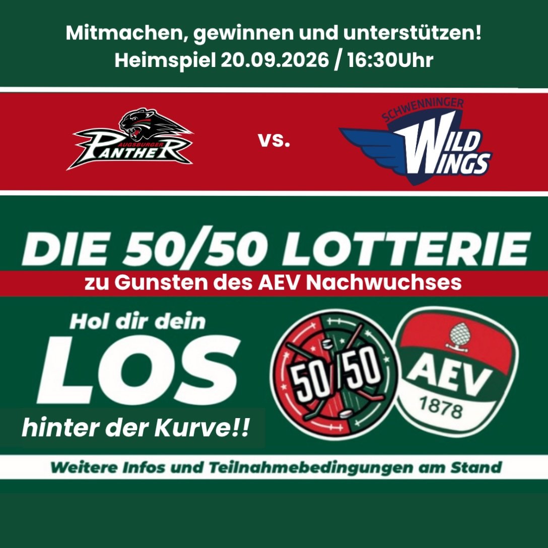 #AEV5050Lotterie beim ersten Heimspiel der @aevpanther in der neuen Saison gegen die Schwenninger Wild Wings.

Holt euch euer Los hinter der Fan-Kurve oder bei den beiden mobilen Lotterieteams im #CFS. 

Der #aevnachwuchs drückt allen Loskäufern die Daumen und wünscht den AEV Panthern viel Erfolg.

#ZukunftEishockey #Augsburg