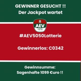Der Gewinn in der #aev5050lotterie von 1099€uro beim gestrigen Sieg der @aevpanther wurde leider nicht abgeholt.
Ihr habt das Gewinnerlos C0342?
Dann sendet uns eine PN. 

#NurDerAEV #AEV #gewinn #ZukunftEishockey