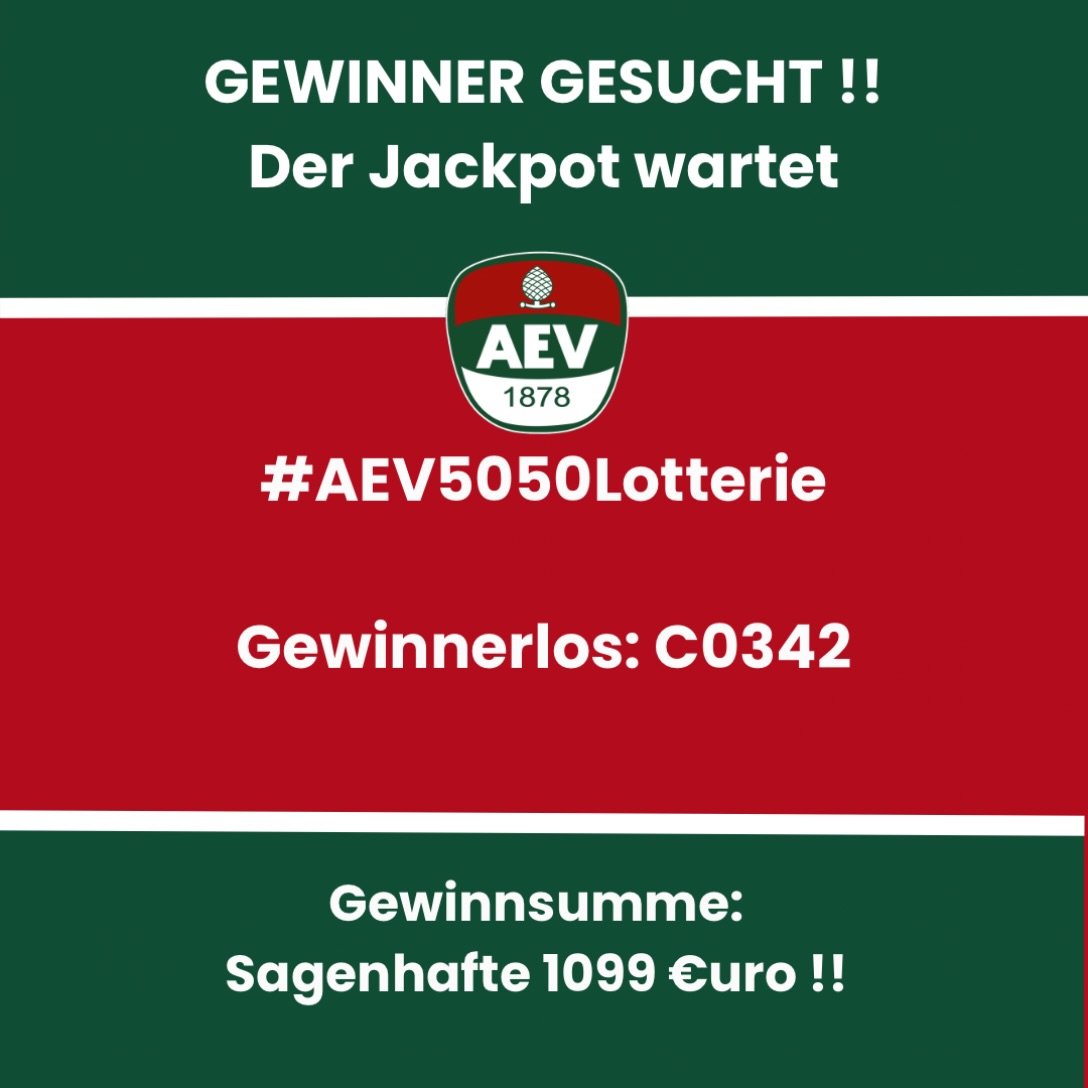 Der Gewinn in der #aev5050lotterie von 1099€uro beim gestrigen Sieg der @aevpanther wurde leider nicht abgeholt.
Ihr habt das Gewinnerlos C0342?
Dann sendet uns eine PN. 

#NurDerAEV #AEV #gewinn #ZukunftEishockey