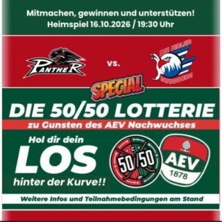 Heute Abend gegen die Adler Mannheim ist die AEV 50/50-Lotterie wieder am Start!
✅ 2400 Lose ✅ Großer Jackpot ✅ Unterstützung des AEV-Nachwuchses

Und als besonderes Highlight:
Vor Spielbeginn würdigen unsere @aevpanther mit dem Jersey Retirement eine echte Panther-Legende: T.J. Trevelyan #24 ❤️💚🤍

Als Spieler hat T.J. die Fans begeistert, seit dieser Saison prägt er als U15 Head Coach die nächste Generation des #AEV.

🍀 Los sichern. Mitfiebern. Gewinnen.

#aev5050lotterie #retirement #Augsburg
